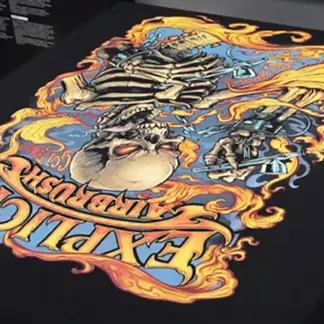DTG printed black t-shirt, full-color print