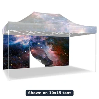 Fully printed single-sided wall with zipper door (supplier photo), shown on 10x15 tent